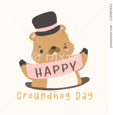 Happy groundhog day with cheerful cartoon groundhog hodling banner. Happy groundhog day with cheerful cartoon groundhog hodling banner. 110495931