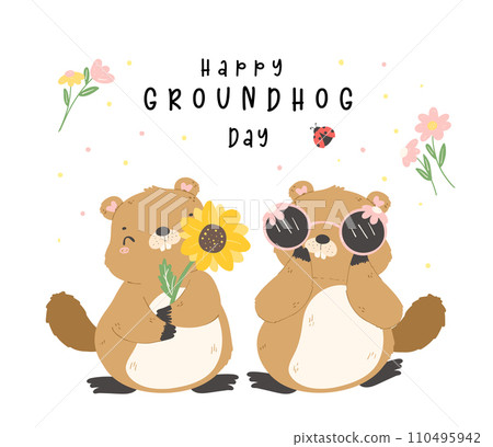 Happy groundhog day with cheerful cartoon groundhogs celebrating early spring Happy groundhog day with cheerful cartoon groundhogs celebrating early spring 110495942