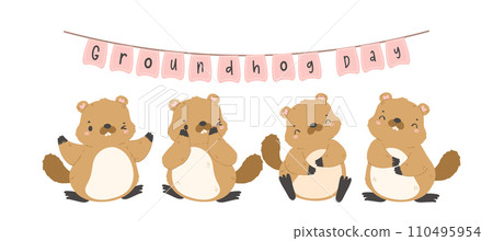 Happy groundhog day with group of cheerful cartoon groundhogs banner. Happy groundhog day with group of cheerful cartoon groundhogs banner. 110495954