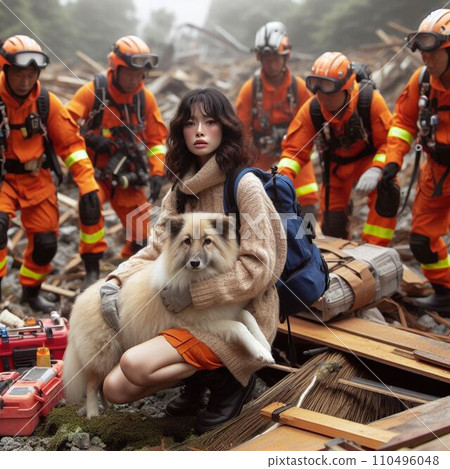 Rescue workers and rescue dogs provide disaster relief Rescue workers and rescue dogs provide disaster relief 110496048
