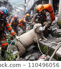 Rescue workers and rescue dogs provide disaster relief 110496056