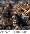 Rescue workers and rescue dogs provide disaster relief 110496058