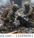 Rescue workers and rescue dogs provide disaster relief 110496061