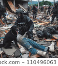 Rescue workers and rescue dogs provide disaster relief 110496063