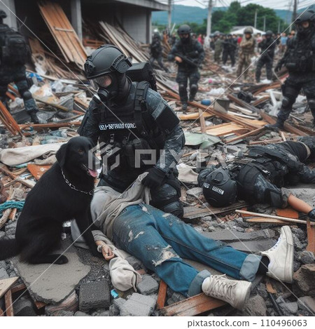 Rescue workers and rescue dogs provide disaster relief Rescue workers and rescue dogs provide disaster relief 110496063