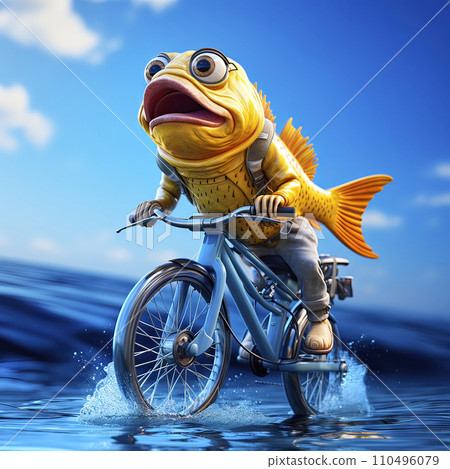 Yellow fish riding a blue bicycle through shallow water under sunny skies, surreal graphic 110496079