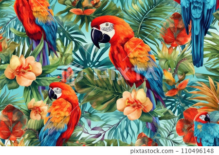 AI-generated content. Tropical exotic pattern with animal and flowers in bright colors and lush vegetation. Ai Generative. 110496148