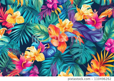 AI-generated content. Tropical exotic pattern with animal and flowers in bright colors and lush vegetation. Ai Generative. 110496262