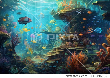 AI-generated content. Tropical sea underwater fishes on coral reef. Aquarium oceanarium wildlife colorful marine panorama landscape nature snorkel diving. AI Generative. AI-generated content. Tropical sea underwater fishes on coral reef. Aquarium oceanarium wildlife colorful marine panorama landscape nature snorkel diving. AI Generative. 110496382