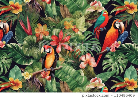 AI-generated content. Tropical exotic pattern with animal and flowers in bright colors and lush vegetation. Ai Generative. 110496409
