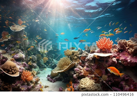 AI-generated content. Tropical sea underwater fishes on coral reef. Aquarium oceanarium wildlife colorful marine panorama landscape nature snorkel diving. AI Generative. 110496416