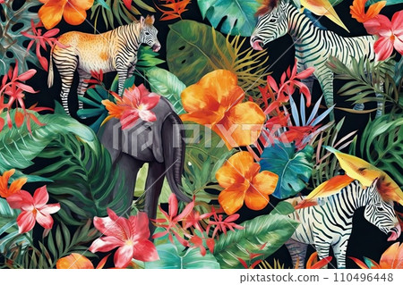 AI-generated content. Tropical exotic pattern with animal and flowers in bright colors and lush vegetation. Ai Generative. 110496448