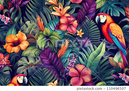 AI-generated content. Tropical exotic pattern with animal and flowers in bright colors and lush vegetation. Ai Generative. 110496507
