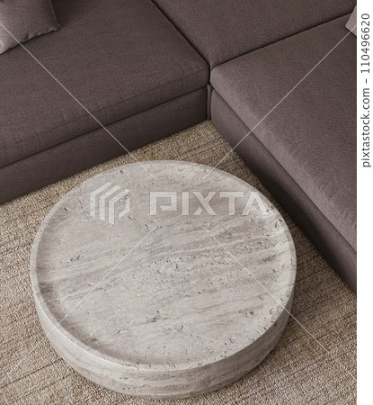 Contemporary living room detail featuring a textured round concrete coffee table and plush sofa Contemporary living room detail featuring a textured round concrete coffee table and plush sofa 110496620