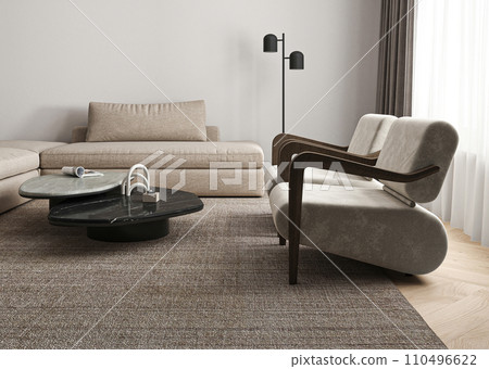 Modern minimalist living room with beige sofa, marble coffee table, and unique floor lamp Modern minimalist living room with beige sofa, marble coffee table, and unique floor lamp 110496622