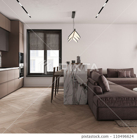 Modern open plan living space with integrated kitchen, featuring a marble island and unique lighting 110496624