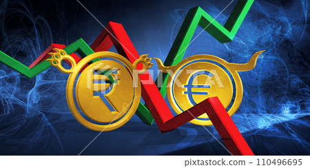 bullish eur to bearish inr currency. foreign exchange market 3d illustration of euro to indian rupee. money represented as golden coins bullish eur to bearish inr currency. foreign exchange market 3d illustration of euro to indian rupee. money represented as golden coins 110496695