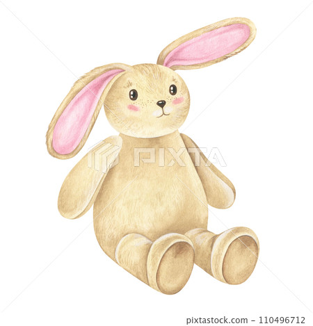 Bunny baby toy Watercolor illustration. Hand drawn graphic clip art on white isolated background. Drawing of cute rabbit. Sketch of cartoon hare. Plush animal for a child 110496712