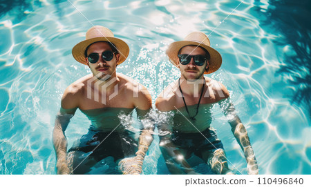 Gay couple relaxing in swimming pool. 110496840