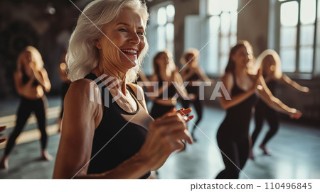 women with instructor performing dance women with instructor performing dance 110496845