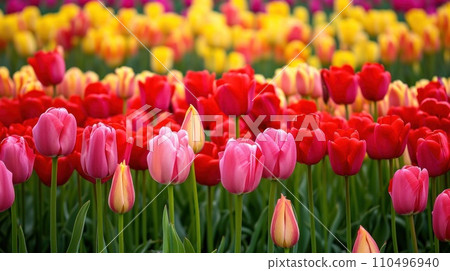 A vibrant display of tulip fields in red A vibrant display of tulip fields in red 110496940