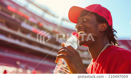 smiling man in a red baseball cap drinks water from a bottle in front of a football stadium 110497009