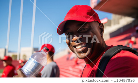 smiling man in a red baseball cap drinks water from a bottle in front of a football stadium 110497056