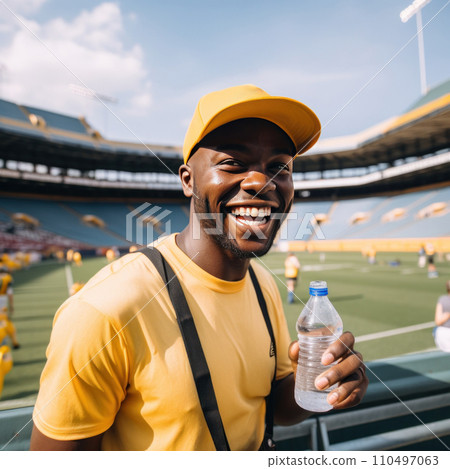 smiling man in a yellow baseball cap drinks water from a bottle in front of a football stadium smiling man in a yellow baseball cap drinks water from a bottle in front of a football stadium 110497063