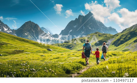 A fascinating shot of a family going on a hike in the mountains. 110497117