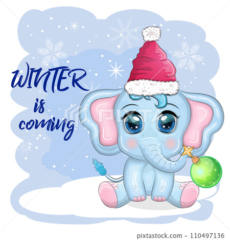 Cute cartoon elephant, childish character with beautiful eyes wearing santa hat, scarf, holding gift, christmas ball Cute cartoon elephant, childish character with beautiful eyes wearing santa hat, scarf, holding gift, christmas ball 110497136