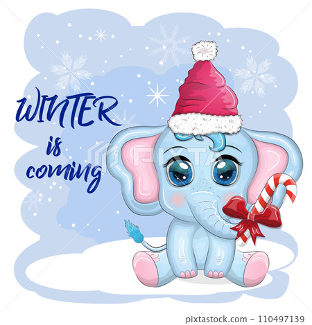Cute cartoon elephant, childish character with beautiful eyes wearing santa hat, scarf, holding gift, christmas ball 110497139