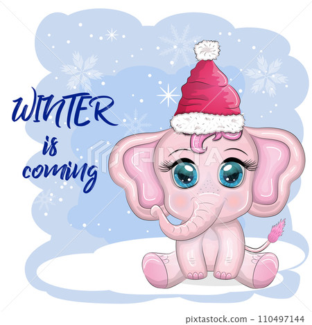 Cute cartoon elephant, childish character with beautiful eyes wearing santa hat, scarf, holding gift, christmas ball 110497144