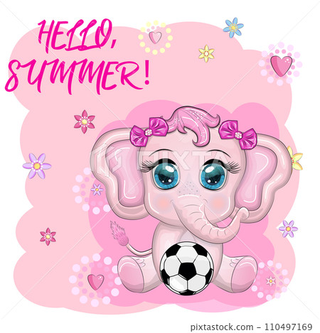 Cute cartoon elephant, children's character with beautiful eyes with a soccer ball, games for children and adults 110497169