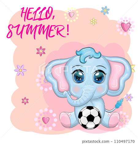 Cute cartoon elephant, children's character with beautiful eyes with a soccer ball, games for children and adults 110497170