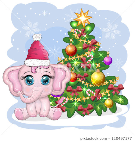 Cute cartoon elephant, childish character in santa hat with gift, christmas ball or candy cane near christmas tree 110497177