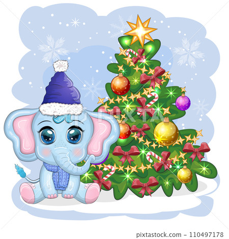 Cute cartoon elephant, childish character in santa hat with gift, christmas ball or candy cane near christmas tree Cute cartoon elephant, childish character in santa hat with gift, christmas ball or candy cane near christmas tree 110497178