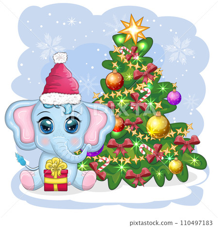Cute cartoon elephant, childish character in santa hat with gift, christmas ball or candy cane near christmas tree Cute cartoon elephant, childish character in santa hat with gift, christmas ball or candy cane near christmas tree 110497183