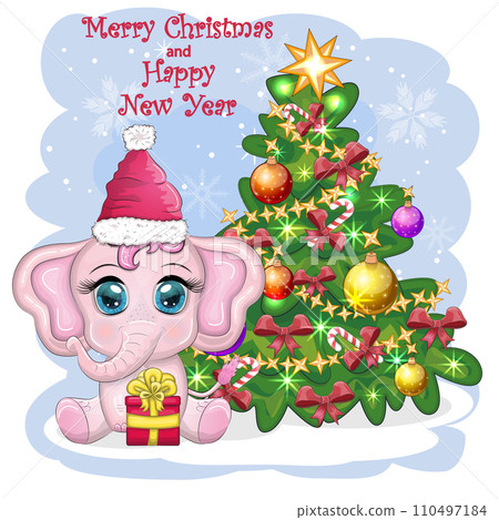 Cute cartoon elephant, childish character in santa hat with gift, christmas ball or candy cane near christmas tree Cute cartoon elephant, childish character in santa hat with gift, christmas ball or candy cane near christmas tree 110497184