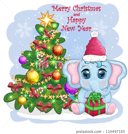 Cute cartoon elephant, childish character in santa hat with gift, christmas ball or candy cane near christmas tree Cute cartoon elephant, childish character in santa hat with gift, christmas ball or candy cane near christmas tree 110497185