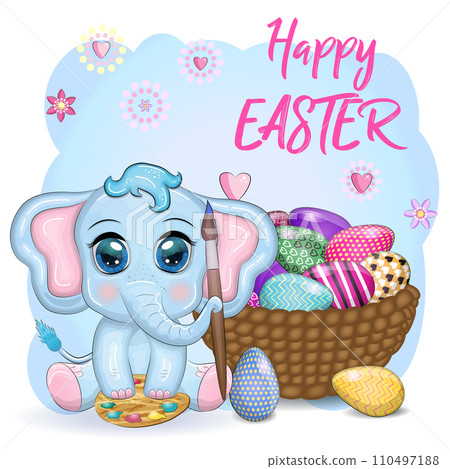 Cute cartoon elephant, childish character with beautiful eyes holding easter egg 110497188