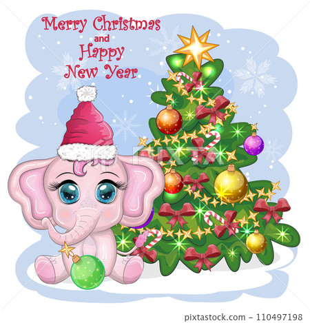 Cute cartoon elephant, childish character in santa hat with gift, christmas ball or candy cane near christmas tree 110497198