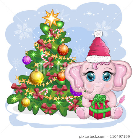 Cute cartoon elephant, childish character in santa hat with gift, christmas ball or candy cane near christmas tree 110497199