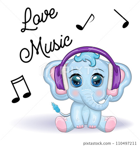 Cute cartoon elephant, childish character with beautiful eyes wearing headphones, music lover listening to music Cute cartoon elephant, childish character with beautiful eyes wearing headphones, music lover listening to music 110497211