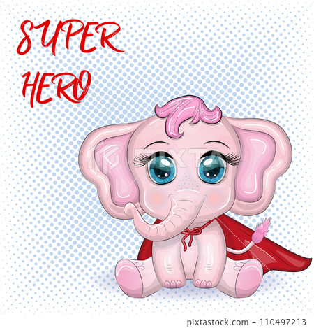 Cute cartoon elephant, childish character in super hero red cape Cute cartoon elephant, childish character in super hero red cape 110497213