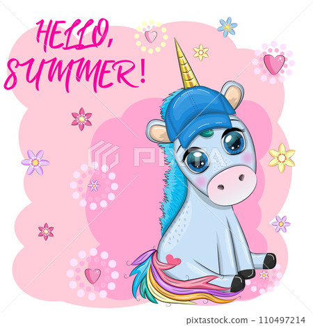 Cute cartoon unicorn dressed as a hula dancer, Hawaii, ready to go character. Summer, sea, palm trees, beach. Cute cartoon unicorn dressed as a hula dancer, Hawaii, ready to go character. Summer, sea, palm trees, beach. 110497214