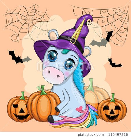 Cute cartoon unicorn in purple witch hat, with pumpkins, potion or broom, Halloween holiday character 110497216