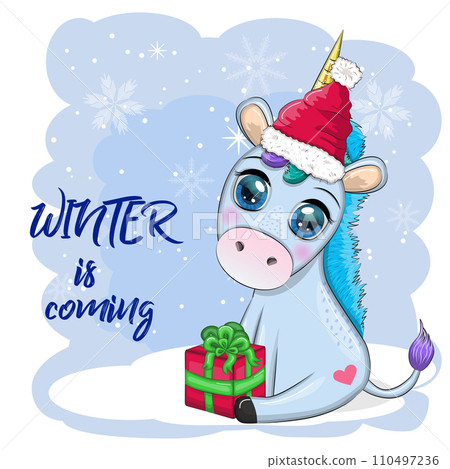Cute cartoon unicorn in santa hat with gift, christmas ball, candy kane. New Year and Christmas holiday Cute cartoon unicorn in santa hat with gift, christmas ball, candy kane. New Year and Christmas holiday 110497236