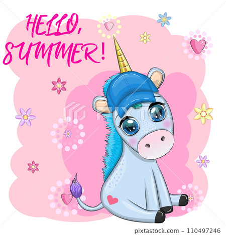Cute cartoon unicorn dressed as a hula dancer, Hawaii, ready to go character. Summer, sea, palm trees, beach. 110497246