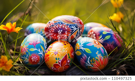 Vivid colorful intricately painted Easter eggs in natural outdoor setting. Eggs with floral patterns on fresh spring grass and wildflowers, Traditional Easter Eggs and spring celebration concept 110497325