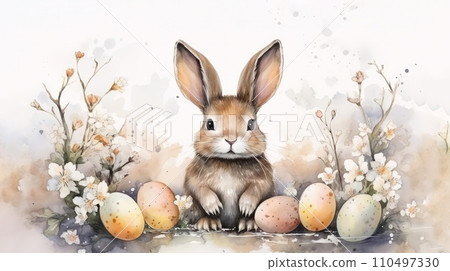 Beautifull watercolor illustration, charming rabbit among speckled Easter eggs and delicate spring flowers in soft neutral tones with splashes. Easter Bunny Imagery, Easter celebrations, greeting card 110497330